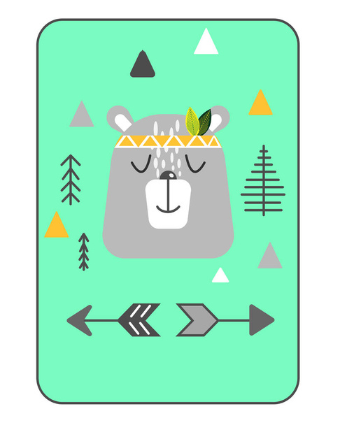 Poster orsacchiotto in stile scandinavo su sfondo verde vettore cartone animato - Vettoriali, immagini