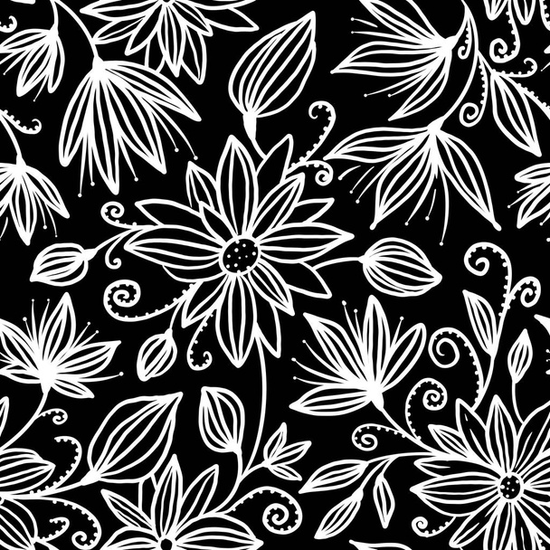 Seamless pattern. Doodle. White flowers, leaves, buds on a black background. Stylish design for textiles, packaging, wallpaper. - Fotoğraf, Görsel