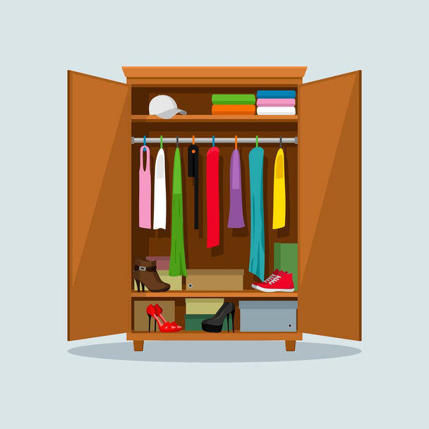 Open wardrobe with clothes. Closet with clothes, dresses, shirts, boxes and shoes. Natural wooden Furniture. Vector illustration - Vector, Image