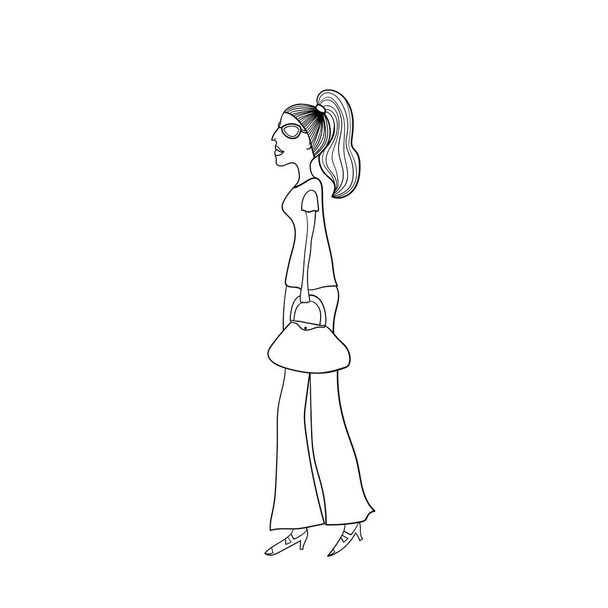 Модель моды. Молодая женщина с длинными волосами в солнечных очках. Векторная иллюстрация. Элемент раскраски страницы. - Вектор,изображение