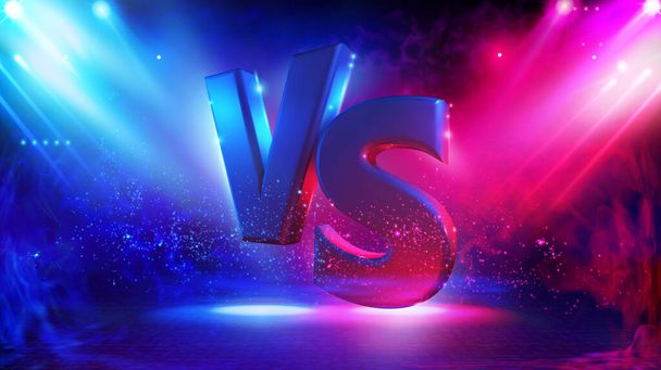Illuminated stage with versus logo, vs letters for sports and fight competition. Battle vs match, game concept competitive. Resistance symbol. Neon color geometric circle on pattern background. Round - Vector, Image
