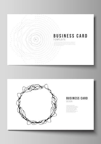 The minimalistic abstract vector illustration of editable layout of two creative business cards design templates. Trendy modern science or technology background with dynamic particles. Cyberspace grid - Вектор,изображение