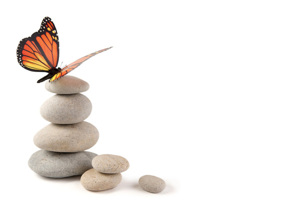 ισορροπημένη πέτρες με πεταλούδα - Φωτογραφία, εικόνα