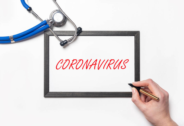 Coronavirus inscription word on paper board. protective measures from virus corona. - 写真・画像