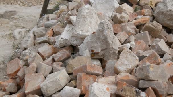 Grande pilha de tijolos de construção ou os restos de um edifício destruído em um monte em um canteiro de obras - Filmagem, Vídeo