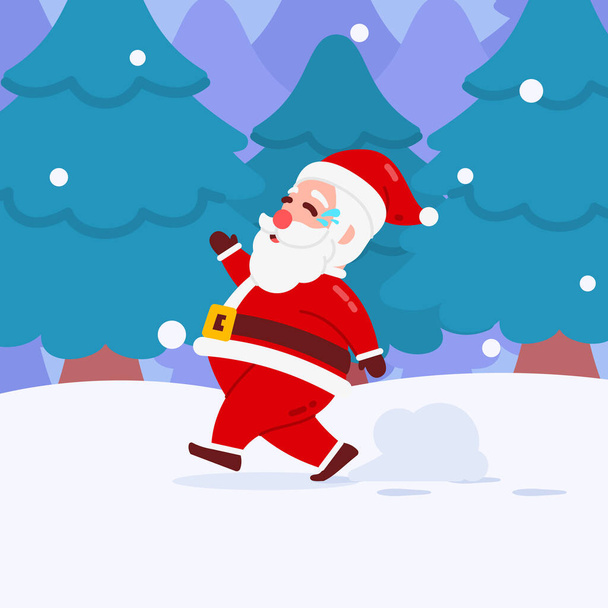 Kerstmis kerstman karakter draaien en huilen met sneeuw en winter bos achtergrond plat ontwerp illustratie - Vector, afbeelding