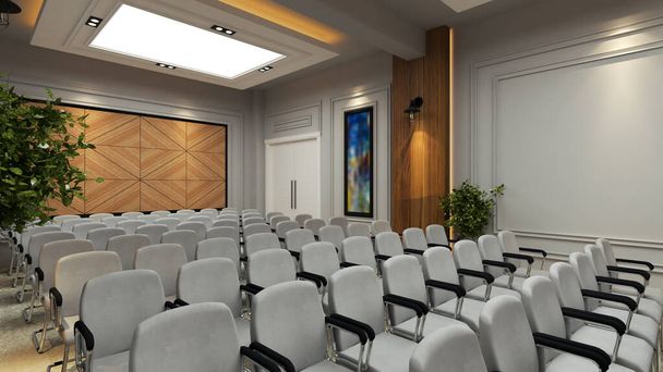 Сучасний дизайн шкільного конференц-залу з білими стільцями та 3D візуалізацією дерев'яних стін
 - Фото, зображення