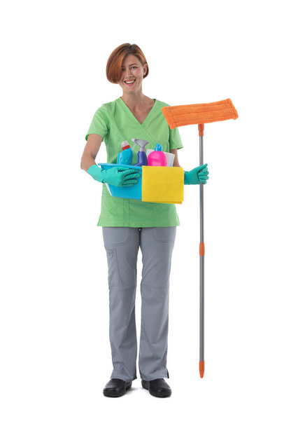 Cleaner woman with mop and detergent spray container isolated on white background, full length portrait - Фото, изображение