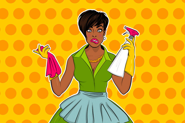 Black african pop art girl in green dress and apron cleaning - Vector, Image