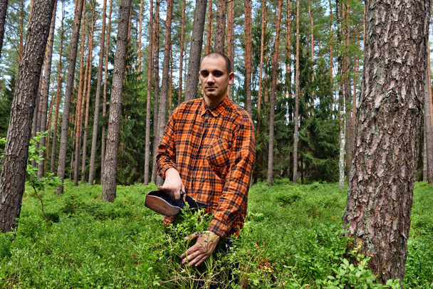 A fiatalember áfonyát gyűjt egy különleges fésűvel az erdőben. - Fotó, kép