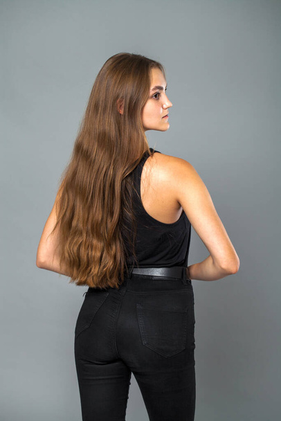 Back rear view brunette hair model, indoor - Fotoğraf, Görsel