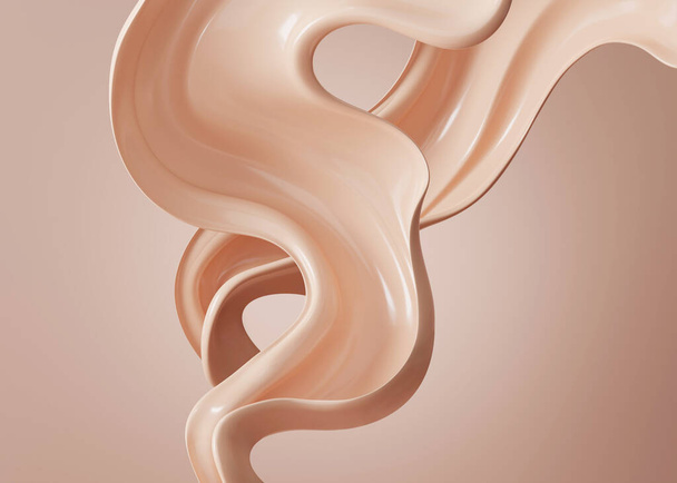 3D beige display with liquid foundation splash swirl on studio background. Nude makeup cream fluid flow podium showcase for beauty product, cosmetics promotion. Minimal Abstract 3D render mockup - Fotoğraf, Görsel