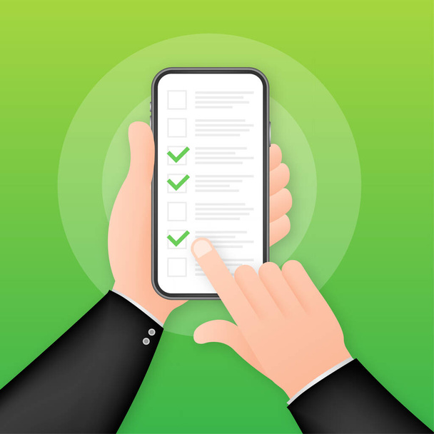 Green check list smartphone. Survey vector illustration. Green tick. Flat check list smartphone for web design. Customer service. - Vector, Image
