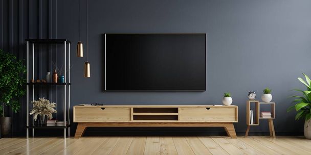 木製キャビネット付きのリビングルームの暗い壁にLEDテレビ、最小限のデザイン、 3Dレンダリング - 写真・画像