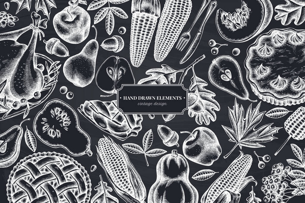 Monochrome design with chalk pumpkin, fork, knife, pears, turkey, pumpkin pie, apple pie, corn, apples, rowan, maple, oak - Вектор, зображення