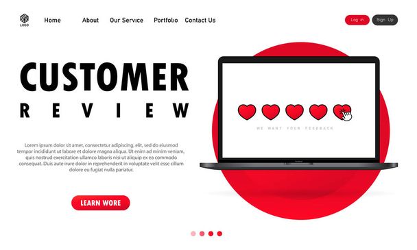 Customer review on laptop banner. Give a five star. Positive feedback concept. Vector on isolated white background. EPS 10 - Vector, Image