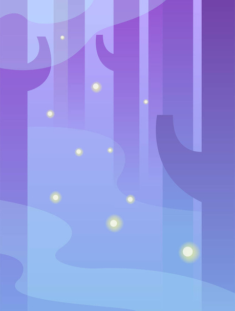 Forêt nocturne fond plat. Arbres avec brouillard et lucioles Illustration vectorielle EPS10 - Vecteur, image