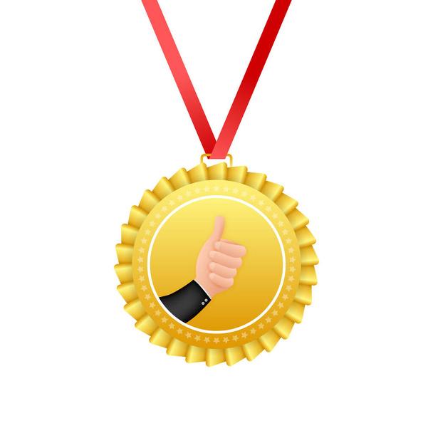 Gold medal with star and red ribbon. Winner award icon. Best choice badge. Vector illustration - Vector, Image