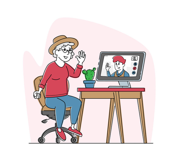 Elderly People Video Communication. Senior Lady with White Hair Sitting on Chair Communicate in Internet via Computer - Vector, Image