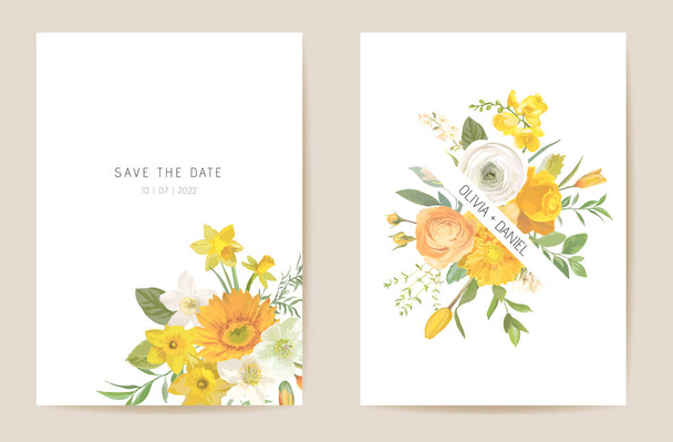 Wedding invitation spring flowers, leaves. Floral card, tropic watercolor template vector. Botanical Save the Date - Vektor, kép