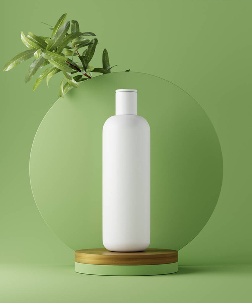 3D illustration geometric pedestal with cosmetic bottle presentation and leaves. Abstract background. Mockup. - Fotoğraf, Görsel
