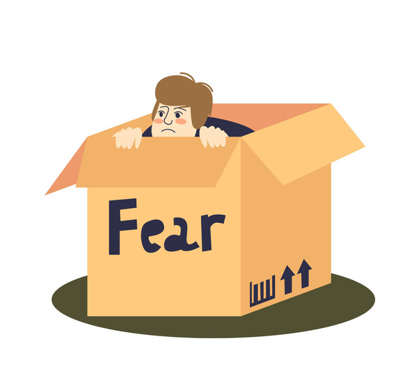 Scared man hiding in cardboard box depressed and frightened. Fear and anxiety concept - Vector, Image