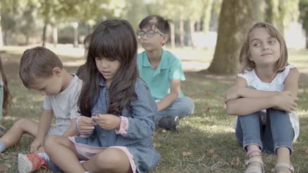 Többnemzetiségű lányok és fiúk ülnek együtt a fűben a parkban. - Felvétel, videó