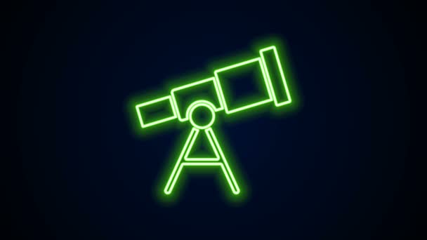 Icono del telescopio de línea de neón brillante aislado sobre fondo negro. Herramienta científica. Elemento educativo y astronómico, catalejo y estrellas de estudio. Animación gráfica de vídeo 4K - Metraje, vídeo