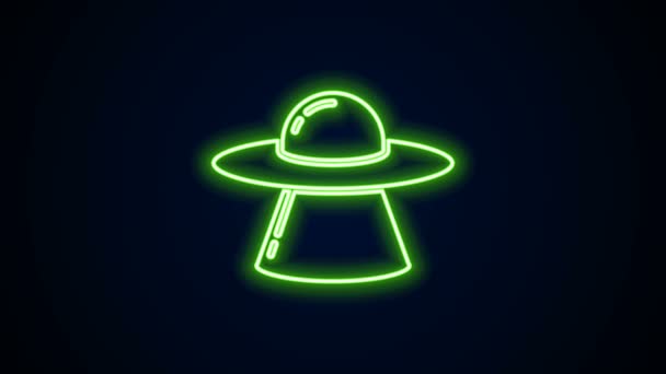 Linha de néon brilhante UFO voando ícone nave espacial isolado no fundo preto. Um disco voador. Nave espacial alienígena. Objeto voador desconhecido futurista. Animação gráfica em movimento de vídeo 4K - Filmagem, Vídeo