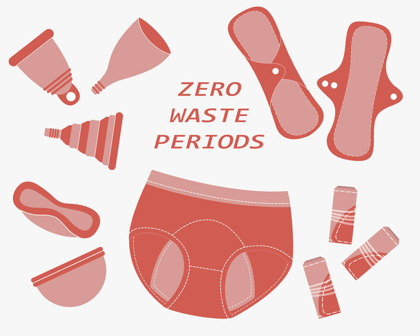 Нульові періоди відходів. Набір багаторазових пластикових безкоштовних продуктів для менструацій: менструальні чашки та диски, тканинні прокладки та тампони, бавовняні труси. Екологічний спосіб життя. Векторні ілюстрації
 - Вектор, зображення