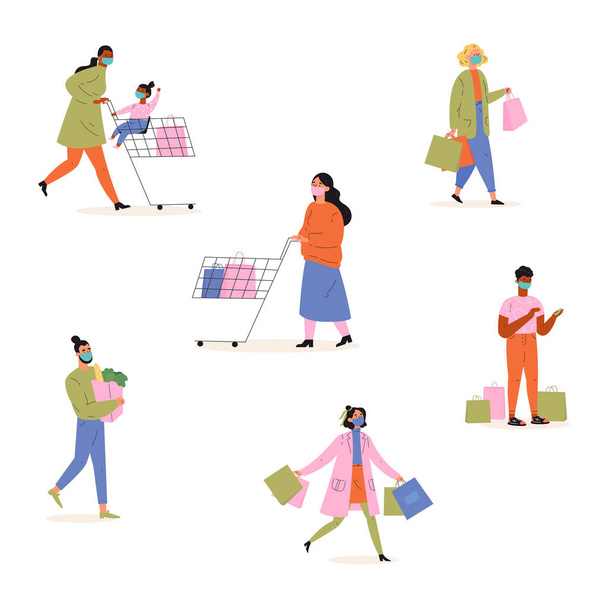 Collection of happy people shopping  - Vector, Image