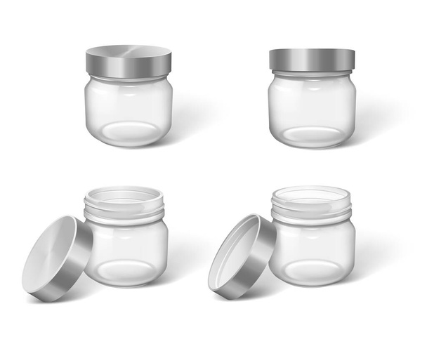 Conjunto de frascos de plástico o vidrio realistas con tazas cerradas o abiertas para crema hidratante - Vector, imagen
