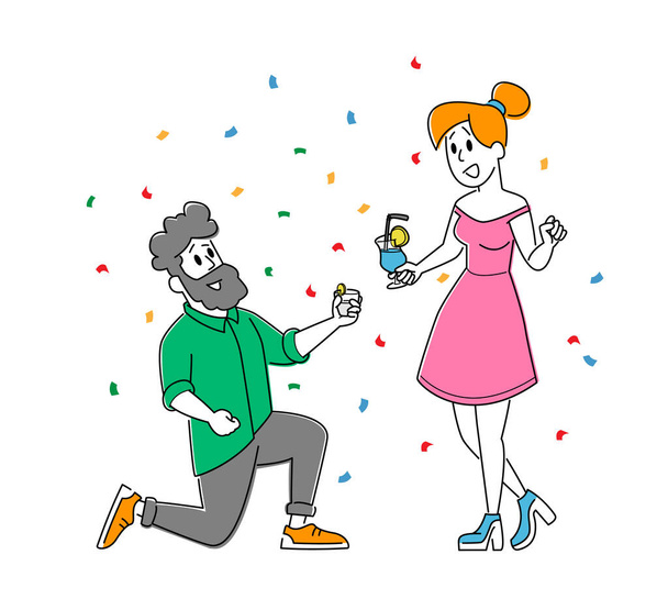 Friends Meeting, Corporate. Young Woman and Man Characters Clinking Glasses with Alcohol Drink Have Fun at Disco Party - Vector, Image
