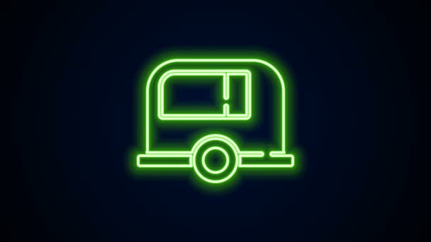 Świecąca neon linia Rv Camping przyczepa ikona izolowana na czarnym tle. Podróż domek mobilny, przyczepa kempingowa, kamper domowy na podróż. 4K Animacja graficzna ruchu wideo - Materiał filmowy, wideo
