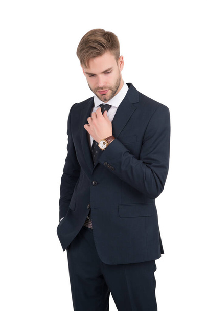 Some wardrobe classics never date. Lawyer wear classic suit isolated on white. Fashion look of handsome man. White collar. Formal fashion style. Formalwear. Menswear. Business outfit. Dressing sharp - Valokuva, kuva
