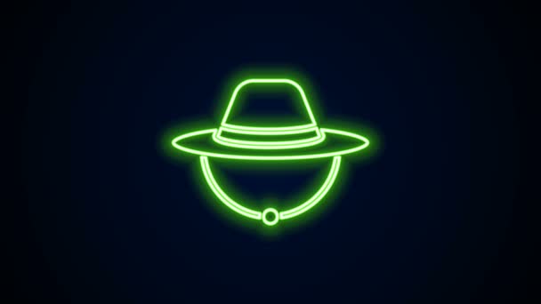 Izzó neon vonal Camping kalap ikon elszigetelt fekete háttér. Panama strandsapka. Explorer utazók kalap vadászat, túrázás, turizmus. 4K Videó mozgás grafikus animáció - Felvétel, videó