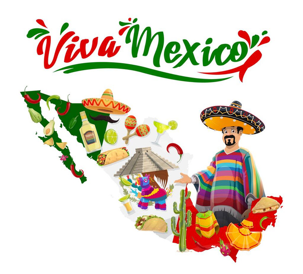Viva Mexikó vektor poszter mexikói férfi sombrero és poncho, maracas, kukulkan templom és térkép pinata. Rajzfilm hagyományos szimbólumok tequila, taco és jalapeno, elszigetelt címke tipográfia - Vektor, kép