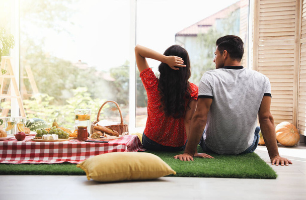 Couple imitating picnic at home, back view - 写真・画像