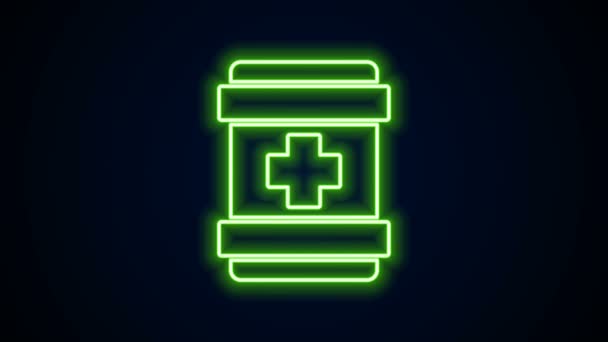 Светящаяся неоновая линия Значок аптечки выделен на черном фоне. Медицинская коробка с крестом. Медицинское оборудование для чрезвычайных ситуаций. Концепция здравоохранения. Видеографическая анимация 4K - Кадры, видео
