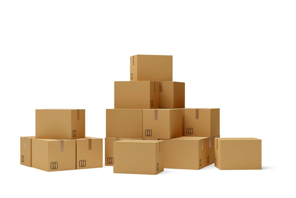 Stack or heap of brown carton cardboard boxes over white background, freight, deilvery or shipping concept, 3D illustration - Φωτογραφία, εικόνα