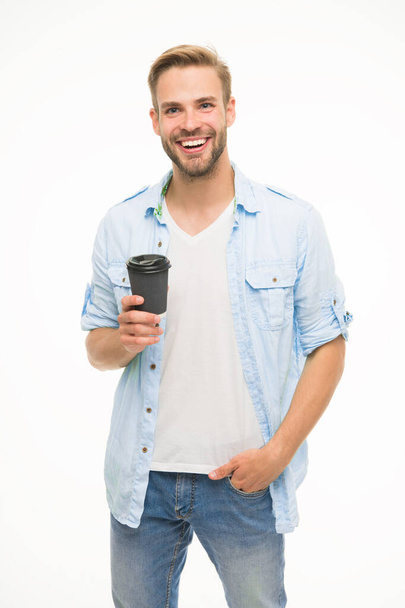 Have coffee for good mood. Recyclable coffee cup. Hipster man hold paper coffee cup. Relaxing break. Drink it on the go. Man drink coffee take away. Eco lifestyle and recycling. Satisfied with taste - Photo, image