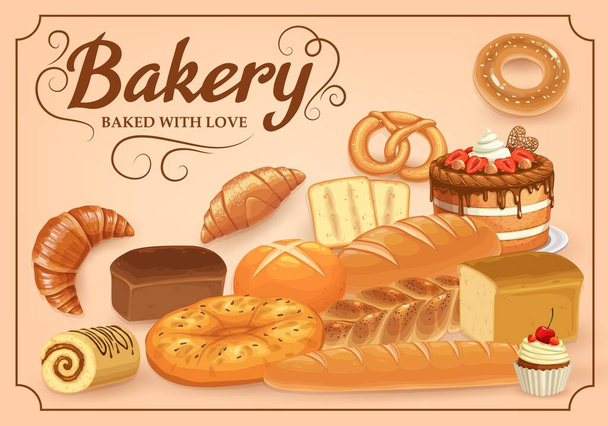 Bakkerij producten vector brood, zoete desserts en gebak. Bakken van cake bagel, pretzel en croissants. Bak broodjes en broodjes met broodjes, cupcake en toast. Patisserie cafe cartoon poster - Vector, afbeelding