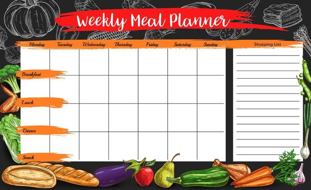 Weekly meal planner, vector timetable, week food plan organizer with sketch farm and meat products with bakery. Calendar menu with shopping list. Meal diary template for dieting with engraved veggies - Vector, Image