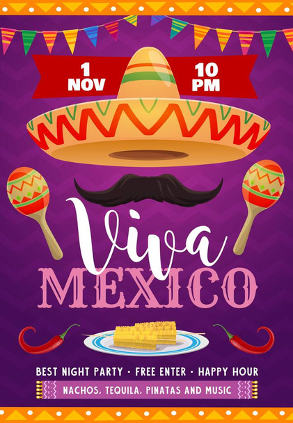 Viva Mexico vector flyer με μεξικάνικο σομπρέρο, μουστάκια και μαράκες. Γιρλάντες με σημαία, κόκκινο χαλαπένο και καλαμπόκι. Πρόσκληση για φεστιβάλ παραδοσιακής μουσικής και φαγητού, αφίσα κινουμένων σχεδίων εορταστικών πάρτι στο Μεξικό - Διάνυσμα, εικόνα