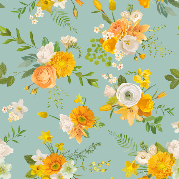 Spring yellow flowers watercolor pattern, seamless floral summer background. Vector trendy blossom texture - Vecteur, image