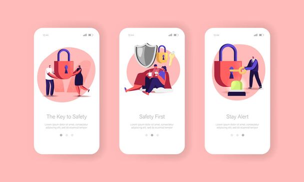 Security and Safety Mobile App Page Onboard Screen Template. Characters Sitting under Plaid, Man Closing Lock with Key - Vector, Image