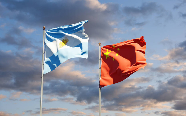 Kaunis kansallisvaltio liput Kiinan ja Argentiinan yhdessä taivaalla taustalla. 3D-taidekonsepti. - Valokuva, kuva