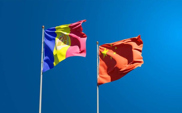 Hermosas banderas estatales nacionales de China y Andorra juntas en el fondo del cielo. Concepto de obra de arte 3D. - Foto, imagen