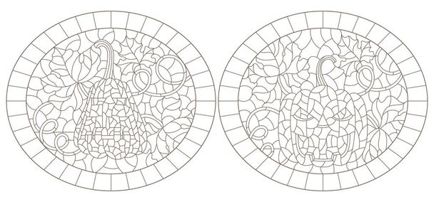 Série d'illustrations de contours de vitraux sur le thème de l'Halloween aux citrouilles, contours sombres sur fond blanc, images ovales en cadres - Vecteur, image