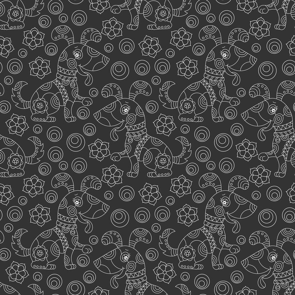 Απρόσκοπτη μοτίβο με τα σκυλιά και τα λουλούδια σε βιτρό στυλ, ελαφρά περιγράμματα σε σκούρο φόντο - Διάνυσμα, εικόνα